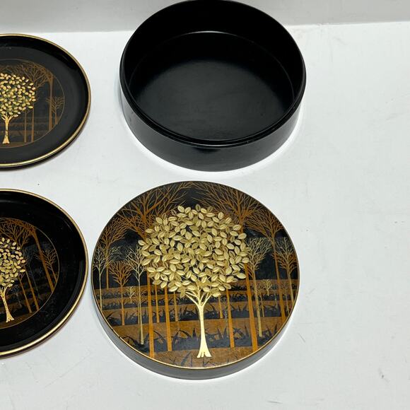 Hand Crafted Otagiri Vtg  Japan Coaster lacquer Set Of 4 & container Asian pics - Picture 12 of 12